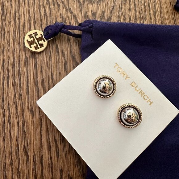 NEW！Tory Burch Logo Rope Stud Earrings -Silver - Picture 1 of 4
